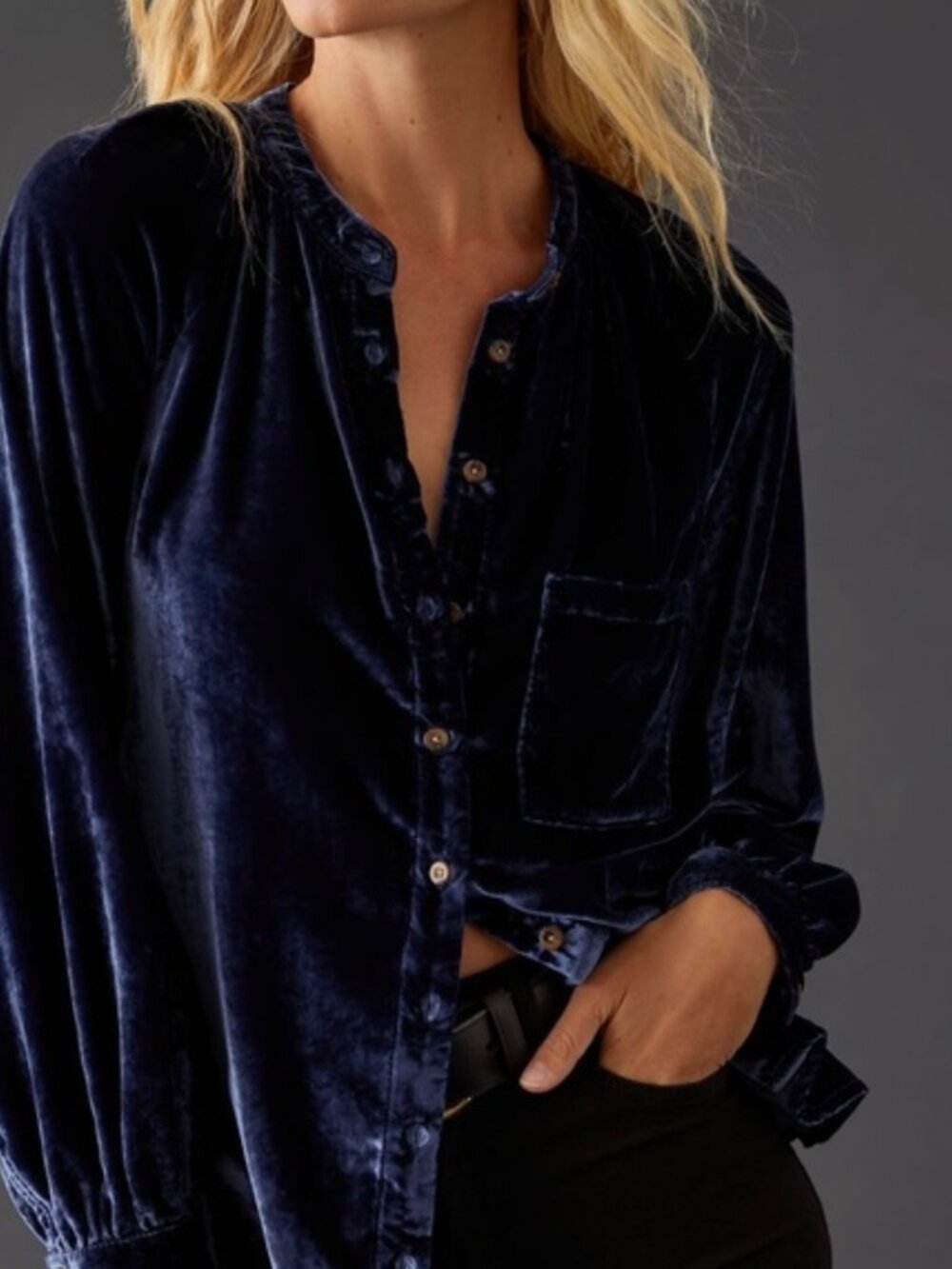 Pilcro Anthropologie Velvet Femme Buttondown Shirt Navy Blue Witchy Whimsigoth S